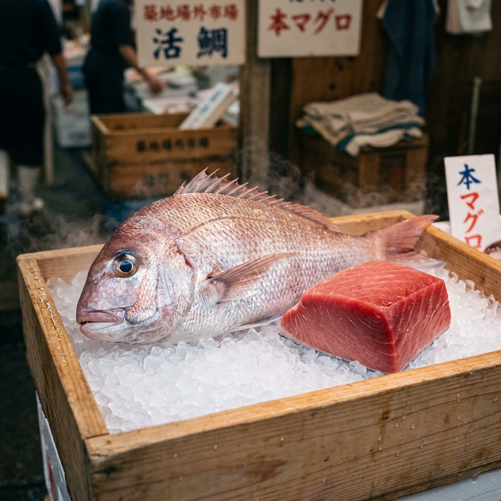Fresh Sea Bream (Tai) on Ice direct from Toyosu Market